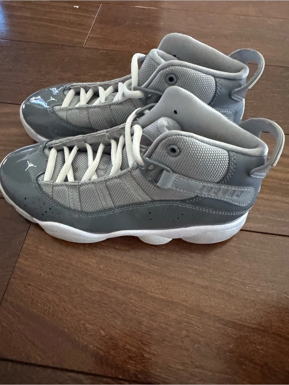 Jordan Grey and White Patent Leather High-Top Sneakers